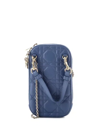 Pre-owned Dior Lady  Phone Holder On Chain Cannage Quilt Lambskin Crossbody Bag In Blue
