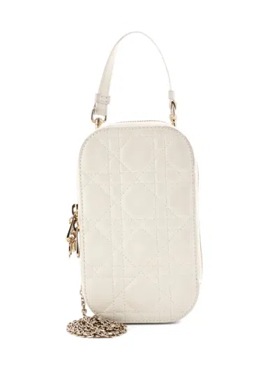 Pre-owned Dior Lady  Phone Holder On Chain Cannage Quilt Lambskin Crossbody Bag In White