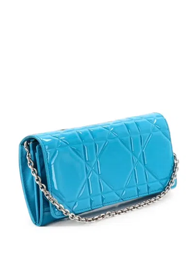 Pre-owned Dior Lady  Rendez Vous Short Chain Wallet Cannage Embossed Patent Clutch Bag In Blue