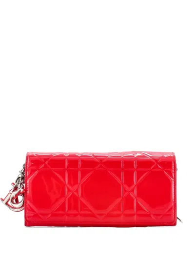 Pre-owned Dior Lady  Rendez Vous Short Chain Wallet Cannage Embossed Patent Clutch Bag In Red