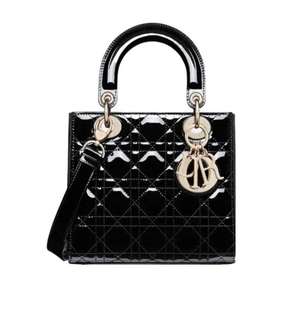 Dior Lady  Small Lacquered Leather Cowhide Handbag In Black