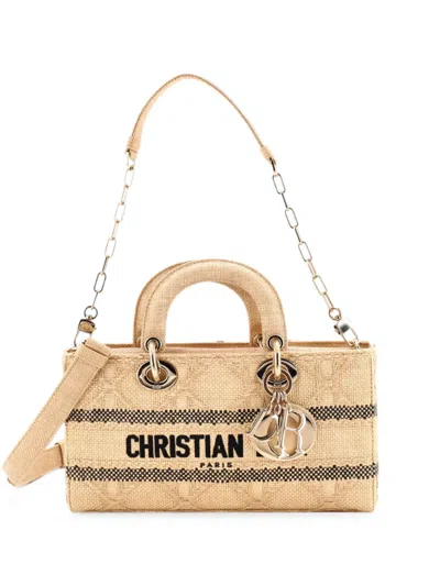 Pre-owned Dior Lady D-joy Bag Cannage Embroidered Raffia Medium Tote Bag In Neutral