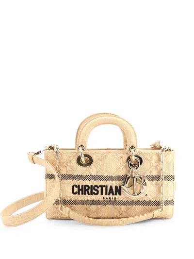 Pre-owned Dior Lady D-joy Bag Cannage Embroidered Raffia Medium Tote Bag In Neutrals