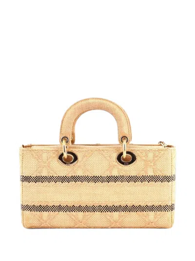 Pre-owned Dior Lady D-joy Bag Cannage Embroidered Raffia Medium Tote Bag In Neutrals