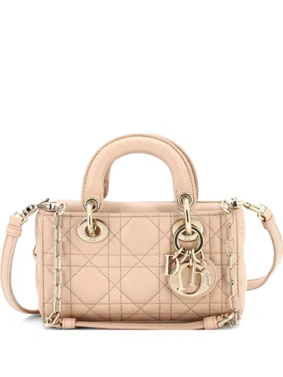Pre-owned Dior Lady D-joy Bag Cannage Quilt Lambskin Micro Satchel In Neutral
