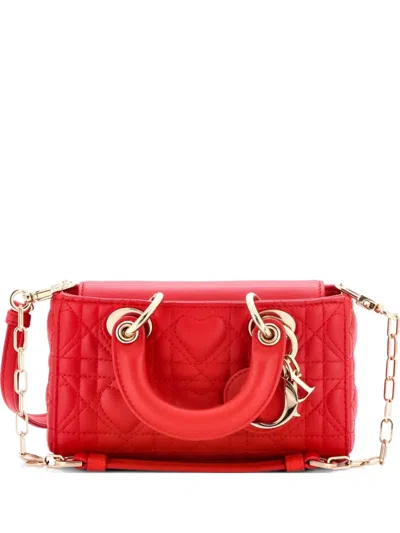 Pre-owned Dior Lady D-joy Bag Heart Cannage Quilt Leather Micro Satchel In Red