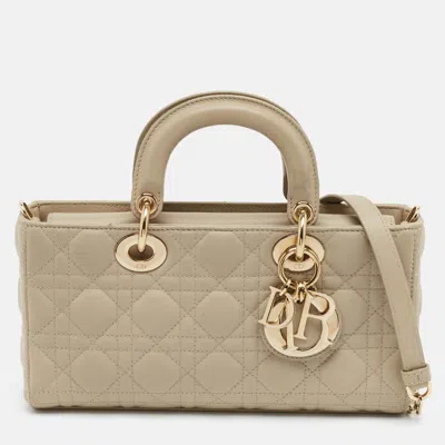 Pre-owned Dior Lady D-joy Medium Beige Cannage Leather Tote In Sand