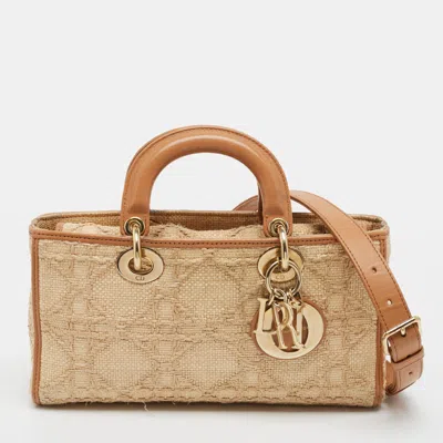 Pre-owned Dior Lady D-joy Medium Beige/brown Cannage Raffia And Leather Tote In Sand