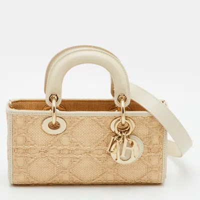 Pre-owned Dior Lady D-joy Small Beige/cream Leather And Raffia Tote