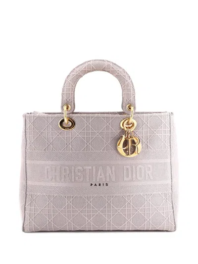 Pre-owned Dior Lady D-lite Bag Cannage Embroidered Canvas Large Tote Bag In Grey