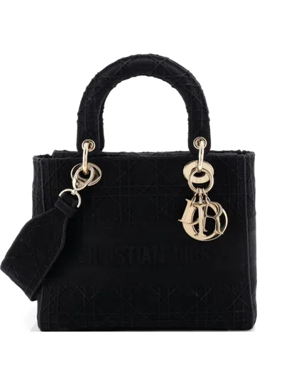 Pre-owned Dior Lady D-lite Bag Cannage Embroidered Canvas Medium Satchel In Black