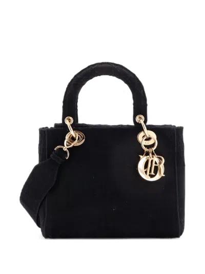 Pre-owned Dior Lady D-lite Bag Cannage Embroidered Canvas Medium Satchel In Black