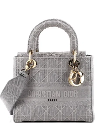 Pre-owned Dior Lady D-lite Bag Cannage Embroidered Canvas Medium Satchel In Gray