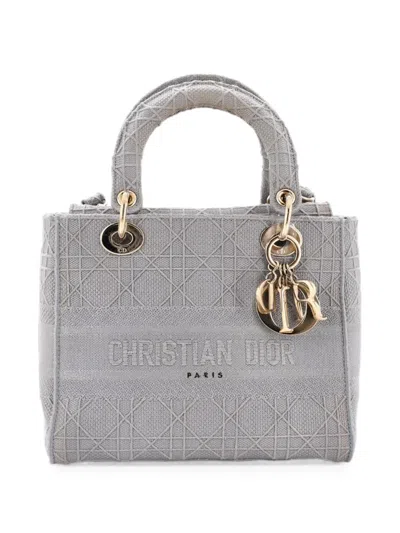 Pre-owned Dior Lady D-lite Bag Cannage Embroidered Canvas Medium Satchel In Grey