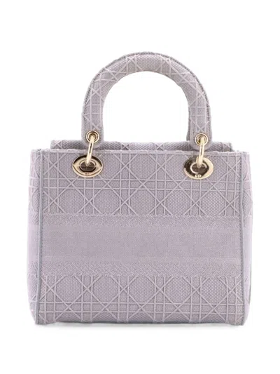 Pre-owned Dior Lady D-lite Bag Cannage Embroidered Canvas Medium Satchel In Grey