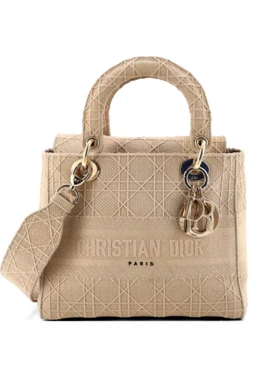 Pre-owned Dior Lady D-lite Bag Cannage Embroidered Canvas Medium Satchel In Neutral