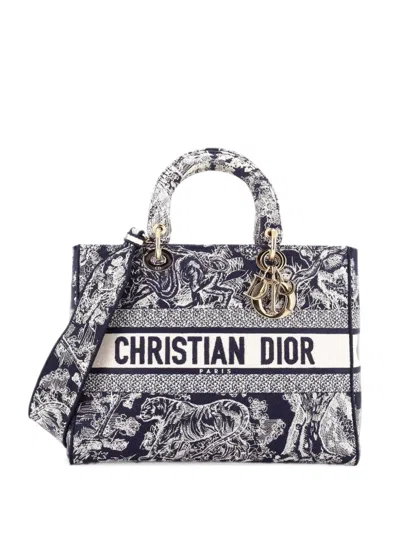 Pre-owned Dior Lady D-lite Bag Embroidered Canvas Large Tote Bag In Blue