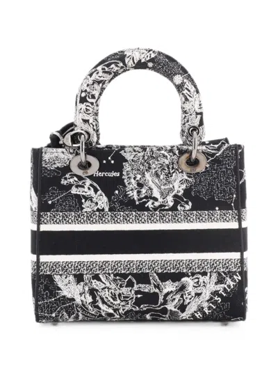 Pre-owned Dior Lady D-lite Bag Embroidered Canvas Medium Satchel In Black