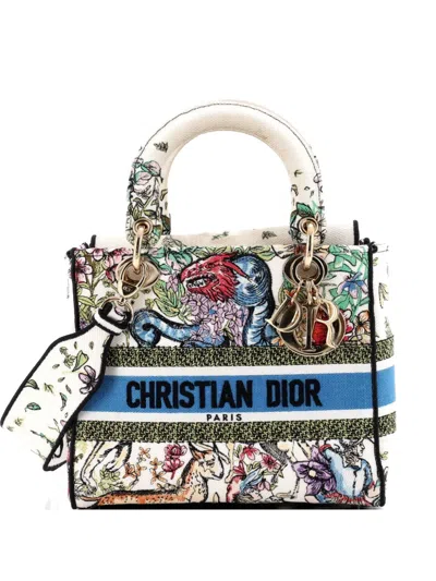 Pre-owned Dior Lady D-lite Bag Embroidered Canvas Medium Satchel In Blue