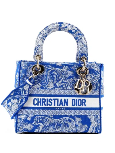 Pre-owned Dior Lady D-lite Bag Embroidered Canvas Medium Satchel In Blue