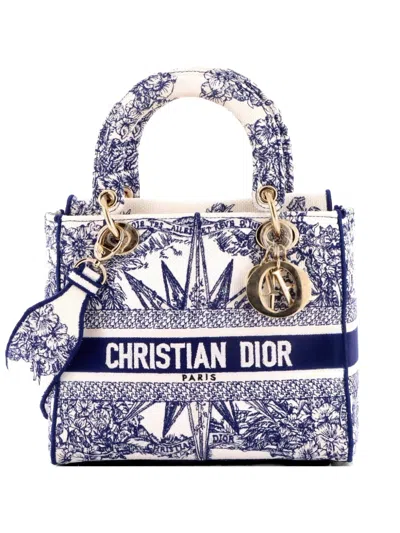 Pre-owned Dior Lady D-lite Bag Embroidered Canvas Medium Satchel In Blue