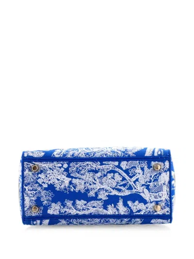 Pre-owned Dior Lady D-lite Bag Embroidered Canvas Medium Satchel In Blue
