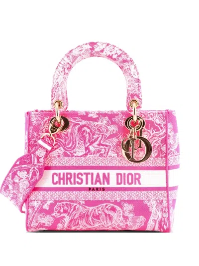 Pre-owned Dior Lady D-lite Bag Embroidered Canvas Medium Satchel In Pink