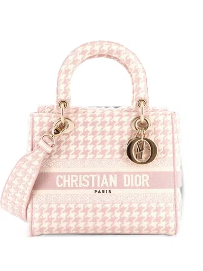 Pre-owned Dior Lady D-lite Bag Houndstooth Canvas Medium Shoulder Bag In Pink