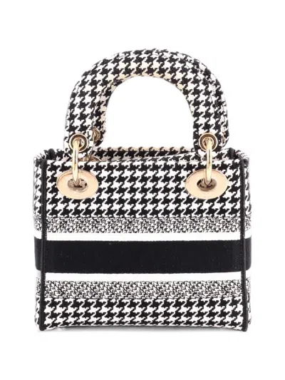 Pre-owned Dior Lady D-lite Bag Houndstooth Canvas Mini Satchel In Black