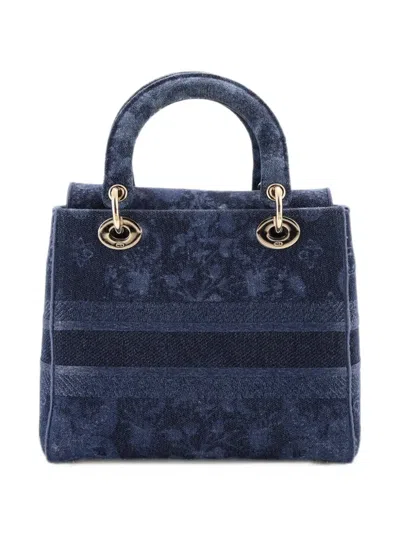 Pre-owned Dior Lady D-lite Bag Printed Denim Medium Tote Bag In Blue