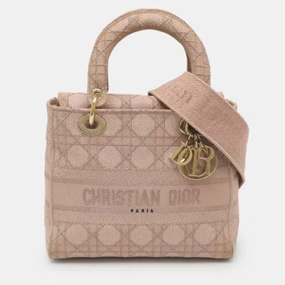 Pre-owned Dior Lady D-lite Medium Beige Cannage Embroidered Canvas Tote