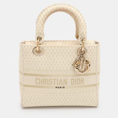 Pre-owned Dior Lady D-lite Medium Cream/gold Embroidered Canvas Tote In White