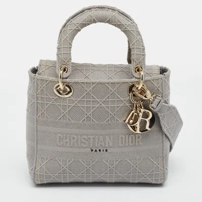 Pre-owned Dior Lady D-lite Medium Grey Cannage Embroidered Canvas Tote In Gray