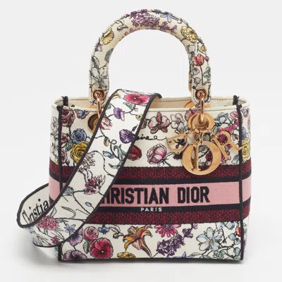 Pre-owned Dior Lady D-lite Medium Multicolor Floral Embroidered Canvas Tote