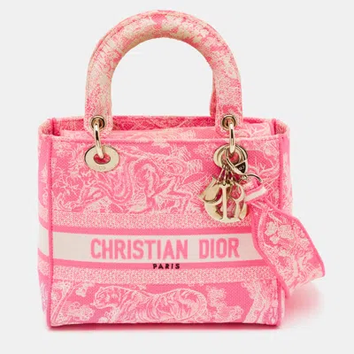 Pre-owned Dior Lady D-lite Medium Neon Pink Toile De Jouy Tote
