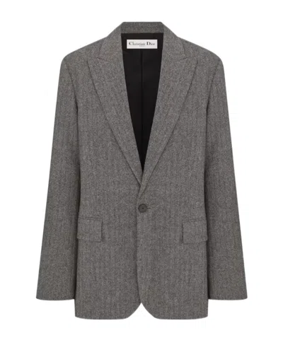 Dior Lapel Long-sleeved Wool Suit Coat In Gray
