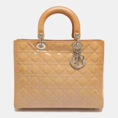 Pre-owned Dior Large Beige Cannage Patent Leather Tote In Sand