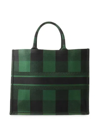 Pre-owned Dior Large Book Tote Check-print Bag In Green