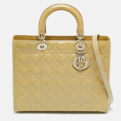 Pre-owned Dior Large Cream Cannage Patent Leather Tote In White