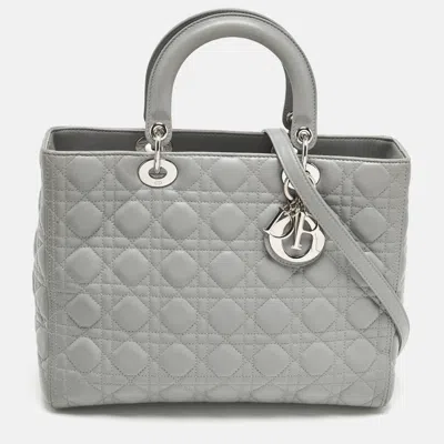 Pre-owned Dior Large Grey Cannage Leather Tote In Gray