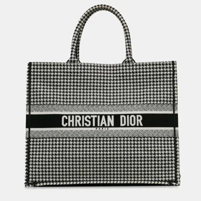 Pre-owned Dior Large Houndstooth Embroidered Book Tote In Black