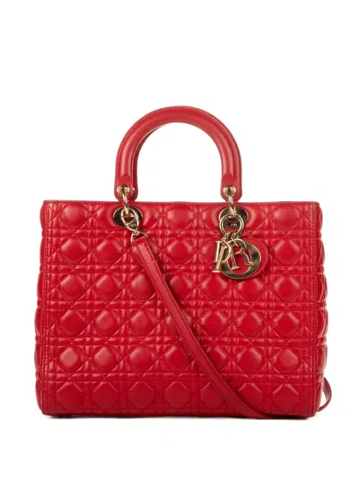 Pre-owned Dior Large Lady  Cannage Leather Tote Bag In Red