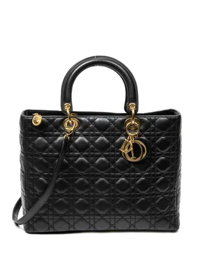 Pre-owned Dior Large Lady  Leather Tote Bag In Black