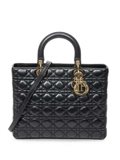 Pre-owned Dior Large Lady  Leather Tote Bag In Black