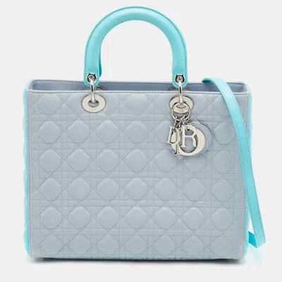 Pre-owned Dior Large Light Grey/turquoise Blue Cannage Leather Tote In Gray