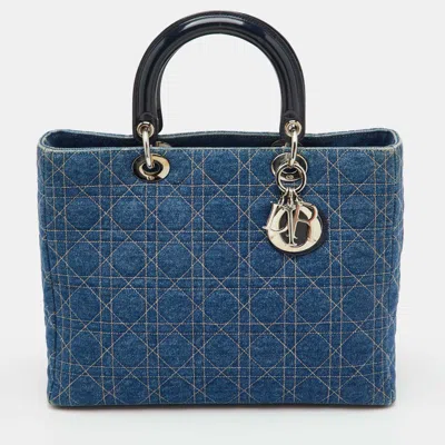 Pre-owned Dior Large Navy Blue Cannage Denim And Patent Leather Tote
