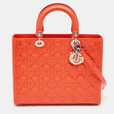 Pre-owned Dior Large Orange Cannage Patent Leather Tote