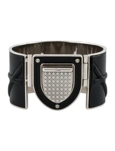 Pre-owned Dior Leather & Enamel Ama Cuff Bracelet, 6" In Blac