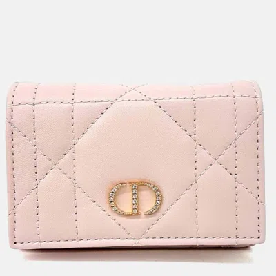 Pre-owned Dior Leather Caro Glycine Card Holder In Pink