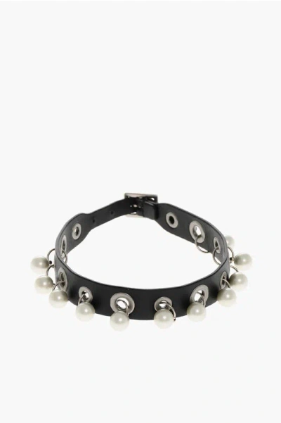 Dior Leather Choker Necklace With Metal Eyelets And Beads In Black